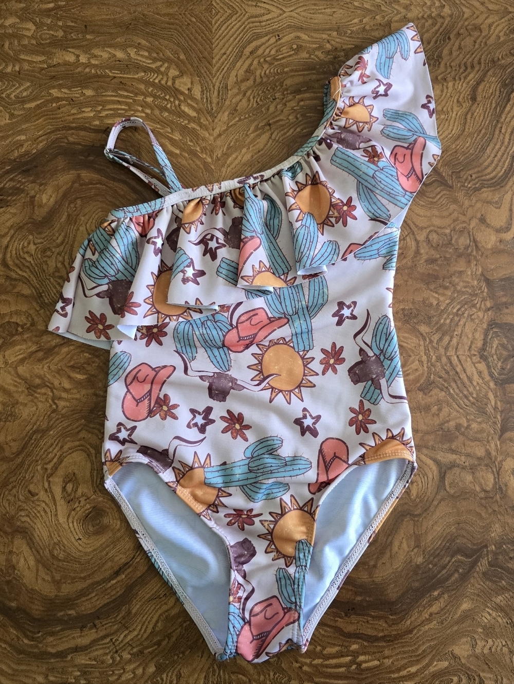 Girls Western Cactus & Cowboy Hat One-Shoulder Ruffle One-Piece Swimsuit Size 4T